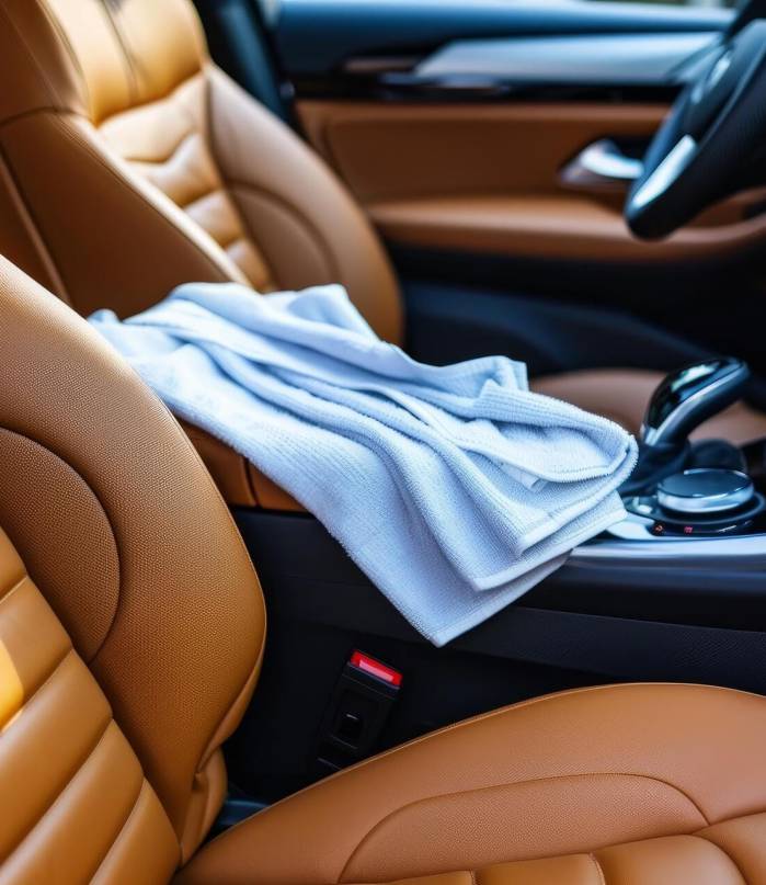 Luxury car interior with cleaning cloth Closeup of a premium car interior being detailed with a white microfiber cloth